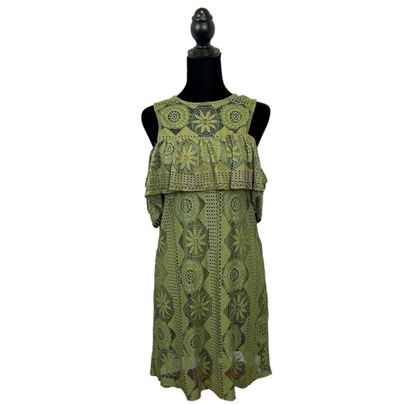 Miami Women’s Dress Boho Crochet Cold Shoulder Olive Green Mini Dress Size-S EUC - Picture 1 of 11